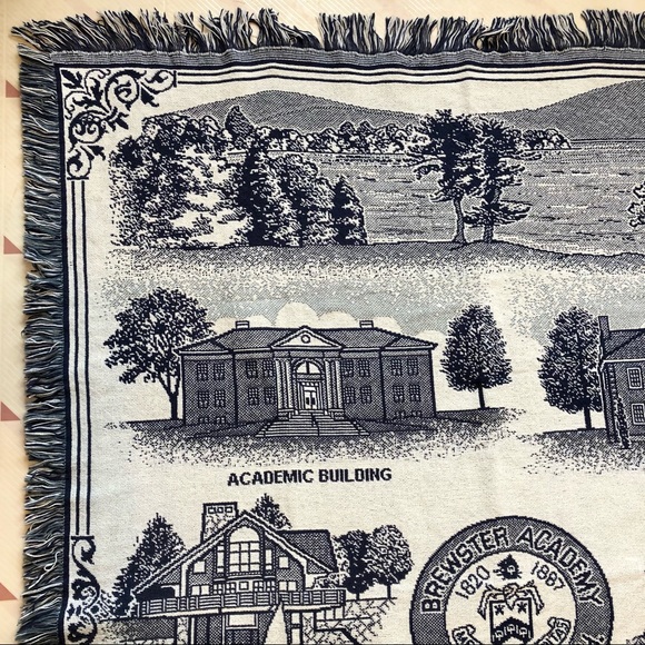 Blue Cream Academic Tapestry Blanket Fringe Woven Throw Brewster Academy - Picture 3 of 9